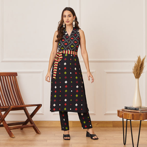 Black Ikat Inspired Kurta Pant Set with Belt