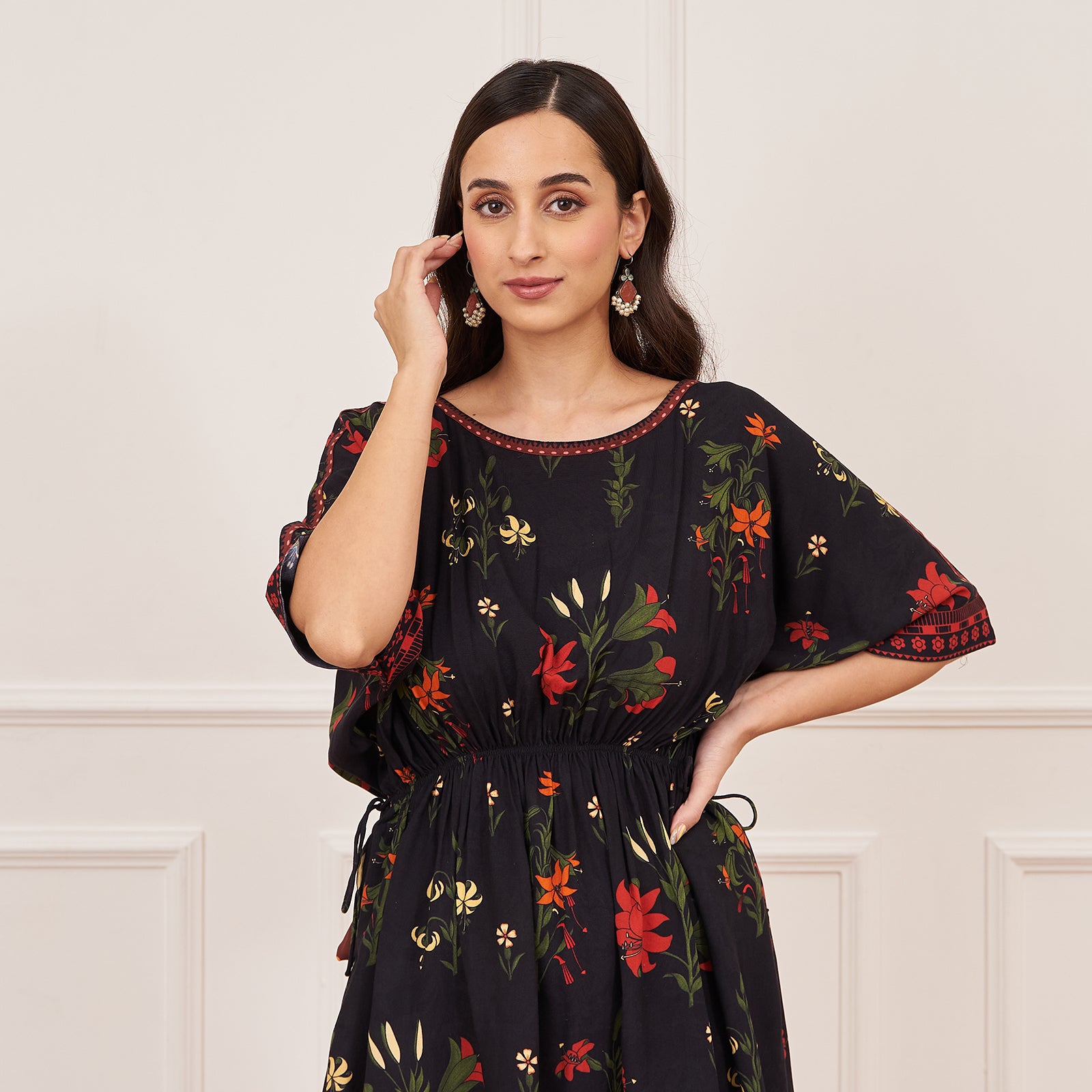 Floral Printed Kurta With Striped Panels With Solid Light Beige Salwar main image 0
