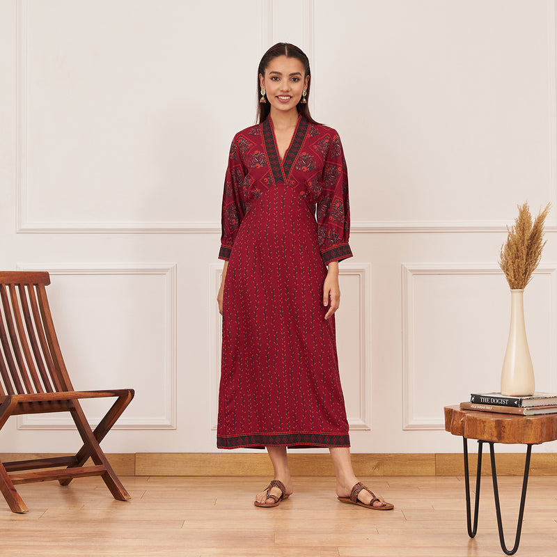 Maroon V-Neck Printed Dress