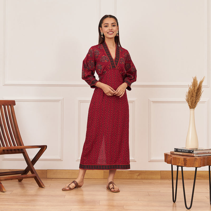 Maroon V-Neck Printed Dress