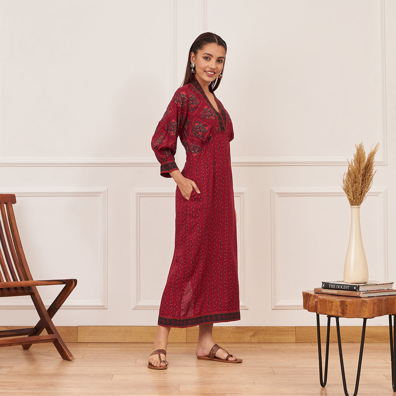 Maroon V-Neck Printed Dress