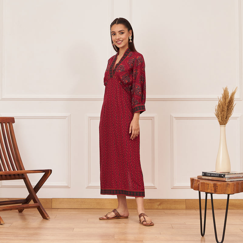 Maroon V-Neck Printed Dress