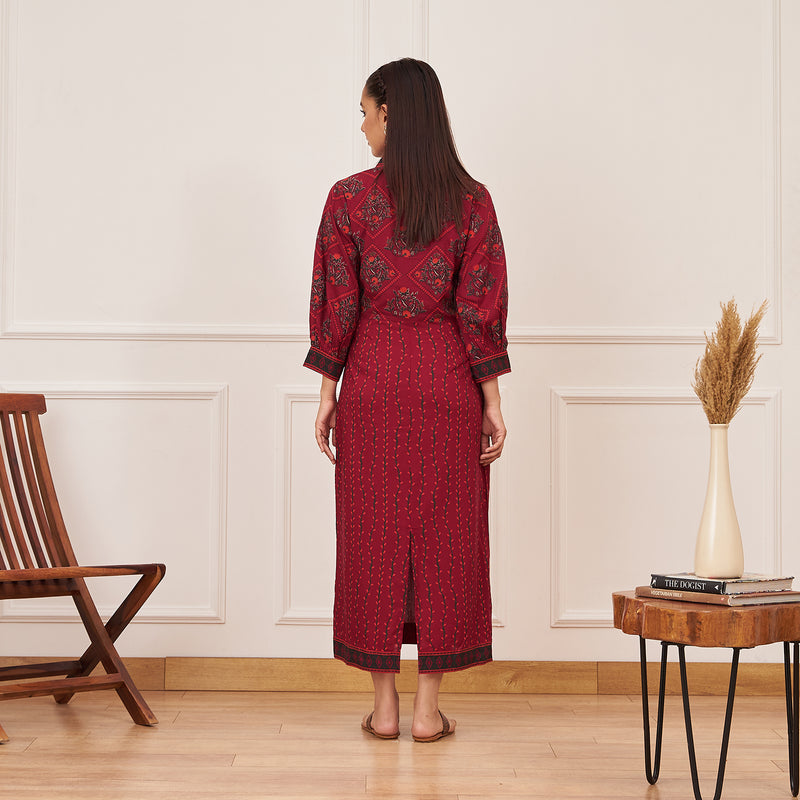 Maroon V-Neck Printed Dress