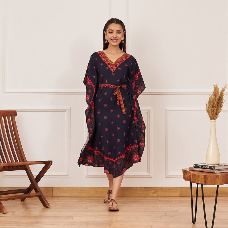 Navy Blue Floral Kaftan Dress with Belt