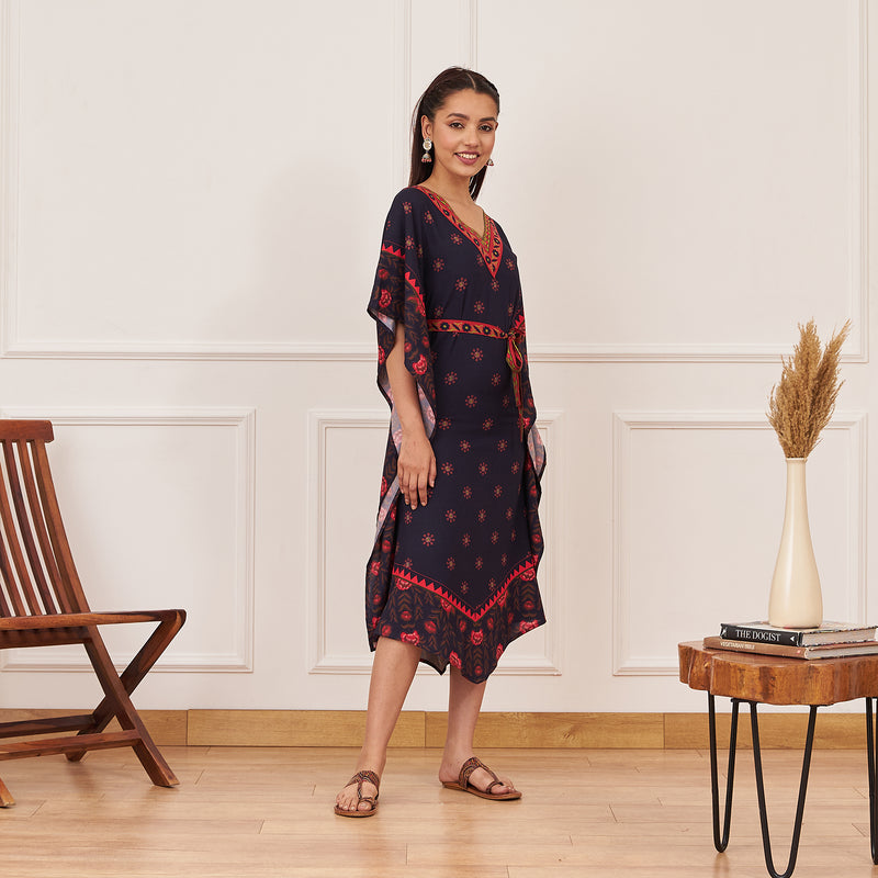 Navy Blue Floral Kaftan Dress with Belt