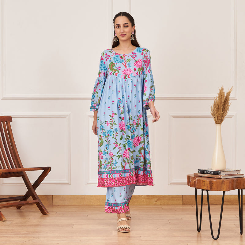 Powder Blue Front Gathered Kurta Pant Set with Flared Sleeves