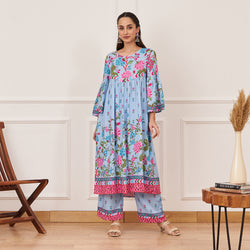 Powder Blue Front Gathered Kurta Pant Set with Flared Sleeves