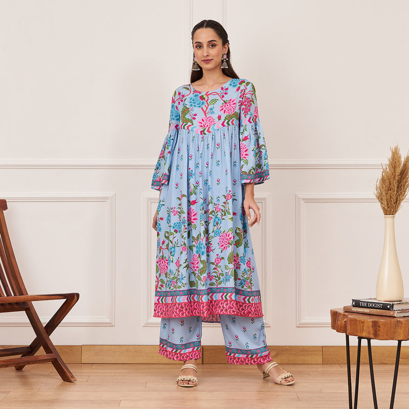 Powder Blue Front Gathered Kurta Pant Set with Flared Sleeves