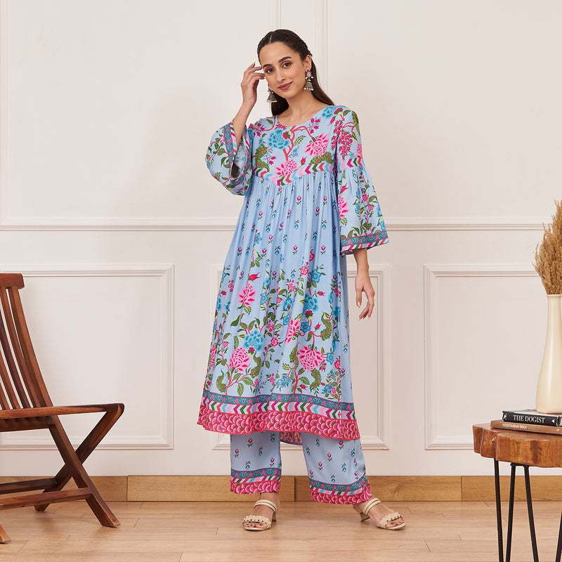 Powder Blue Front Gathered Kurta Pant Set with Flared Sleeves