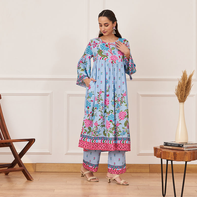Powder Blue Front Gathered Kurta Pant Set with Flared Sleeves