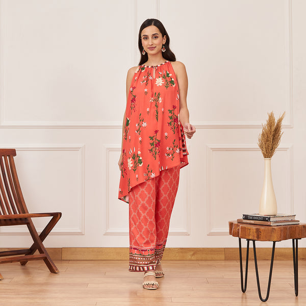 Peach Halter Neck Top and Palazzo Co-ord Set