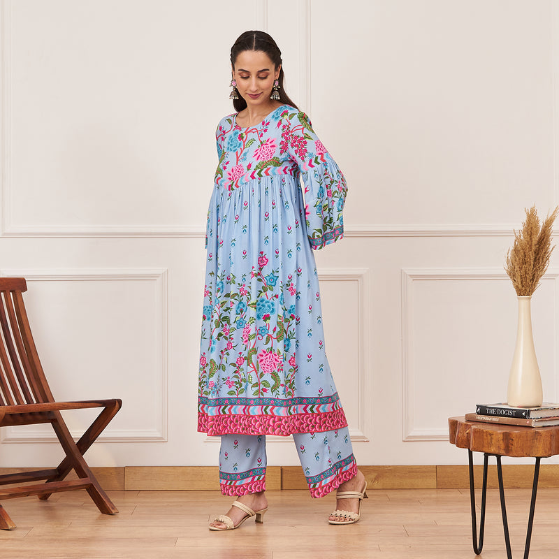 Powder Blue Front Gathered Kurta Pant Set with Flared Sleeves