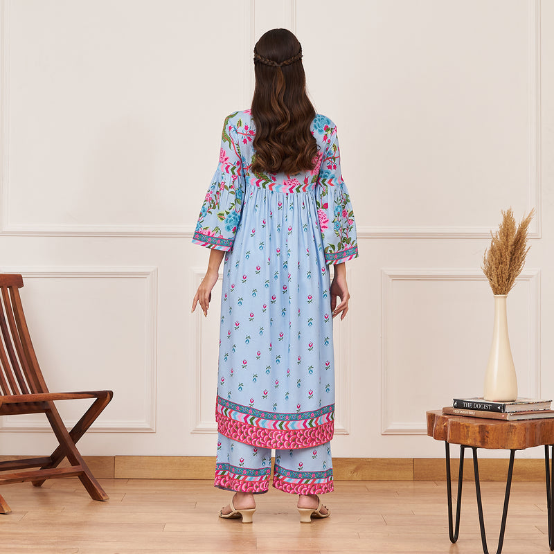 Powder Blue Front Gathered Kurta Pant Set with Flared Sleeves