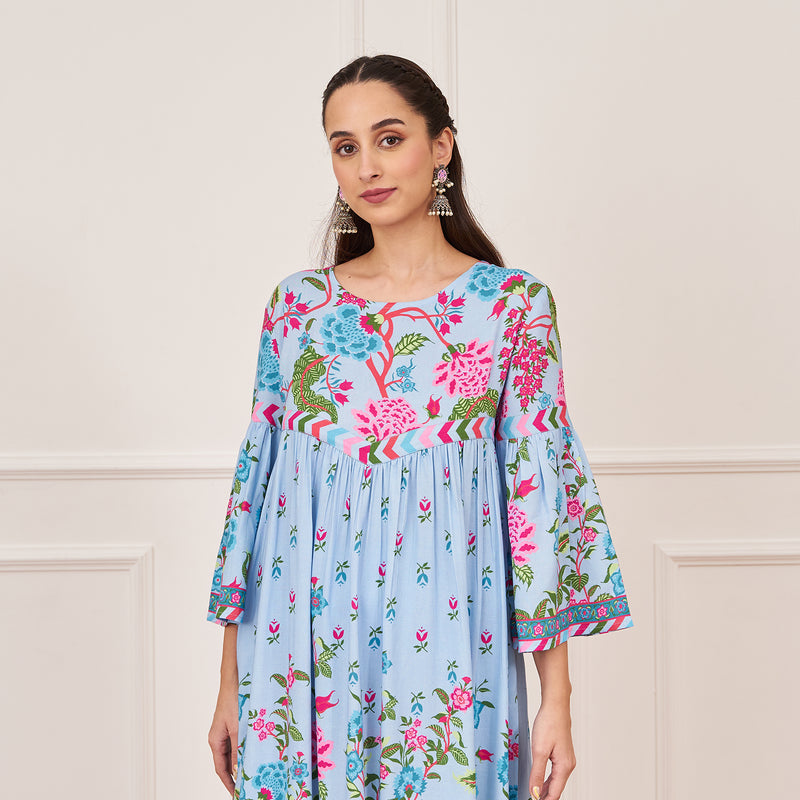 Powder Blue Front Gathered Kurta Pant Set with Flared Sleeves