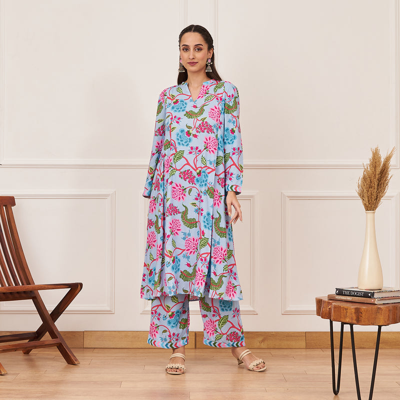 Powder Blue Front Pleated Floral Kurta Pant Set