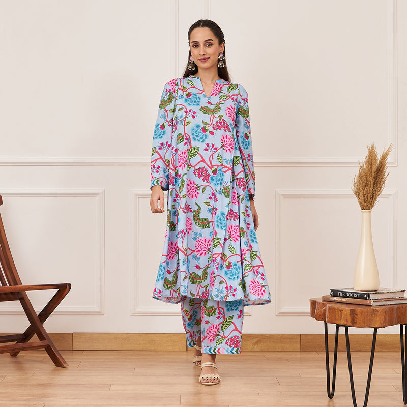 Powder Blue Front Pleated Floral Kurta Pant Set