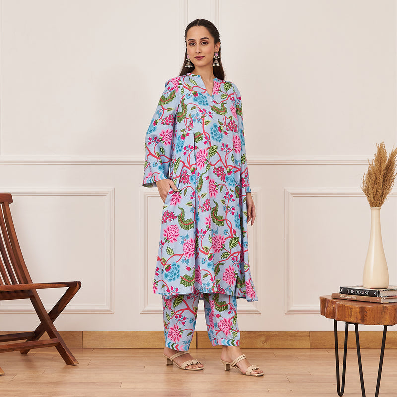 Powder Blue Front Pleated Floral Kurta Pant Set