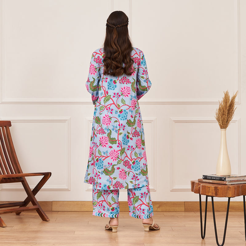 Powder Blue Front Pleated Floral Kurta Pant Set