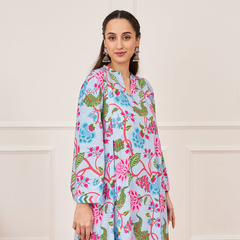 Powder Blue Front Pleated Floral Kurta Pant Set