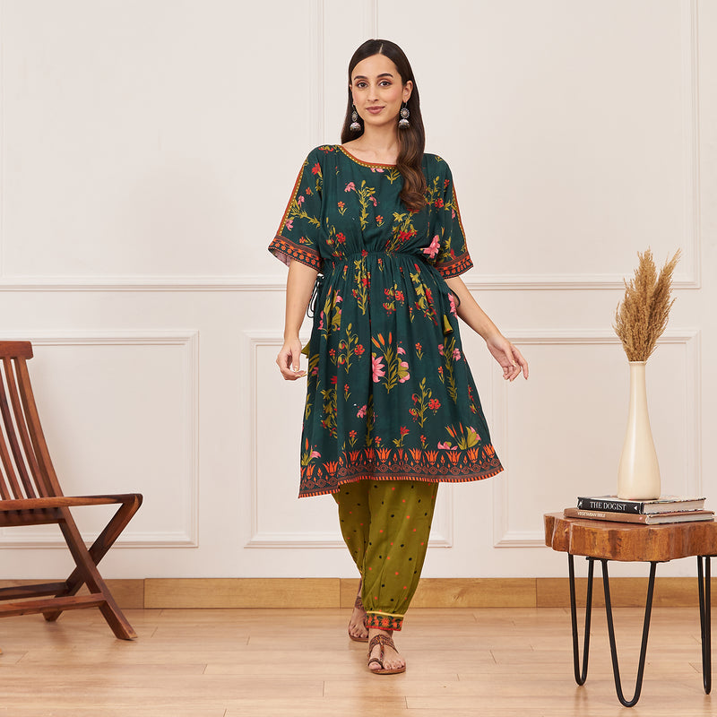 Green Floral Drawstring Kurta Salwar Set