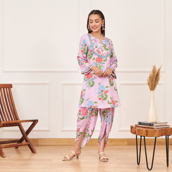 Lavender Floral Yoke Kurta with Dhoti Pants