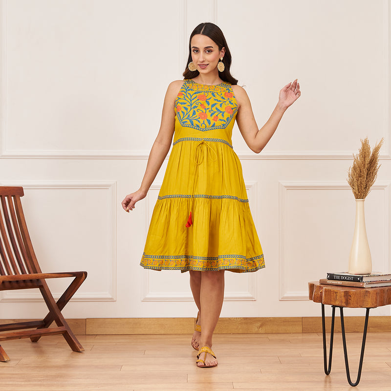 Yellow Tiered Dress with Floral Yoke