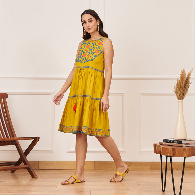 Yellow Tiered Dress with Floral Yoke