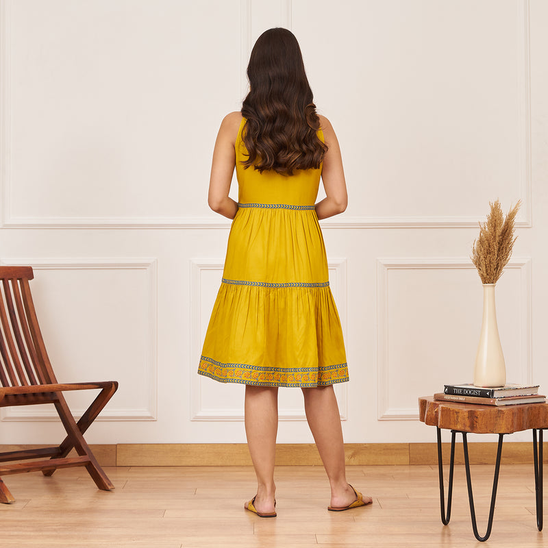 Yellow Tiered Dress with Floral Yoke