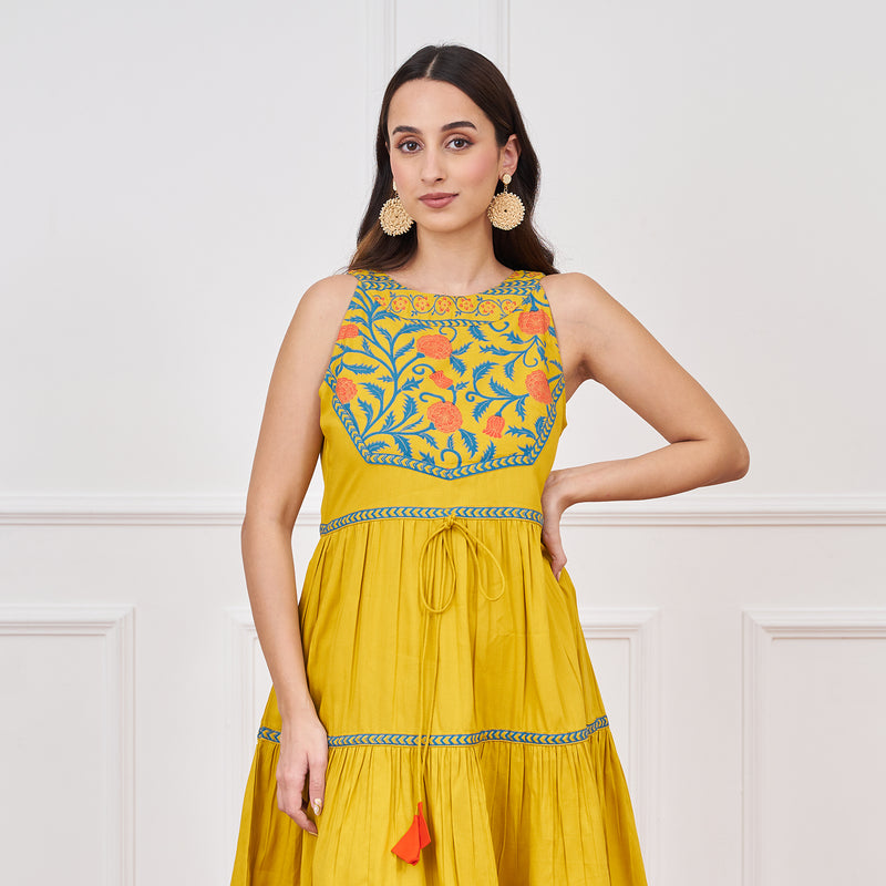 Yellow Tiered Dress with Floral Yoke