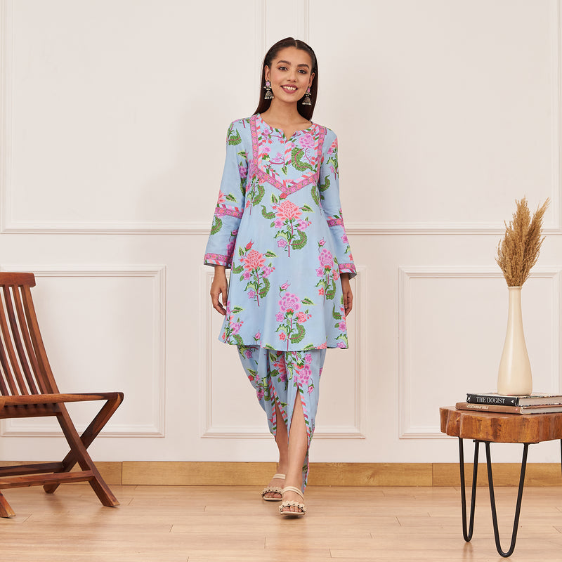 Powder Blue Floral Yoke Kurta with Dhoti Pants