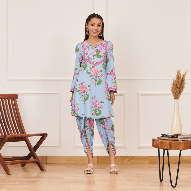 Powder Blue Floral Yoke Kurta with Dhoti Pants
