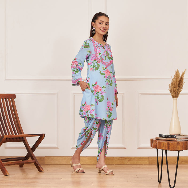 Powder Blue Floral Yoke Kurta with Dhoti Pants