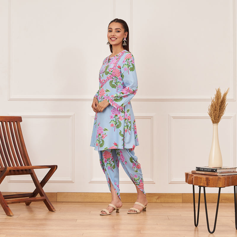 Powder Blue Floral Yoke Kurta with Dhoti Pants