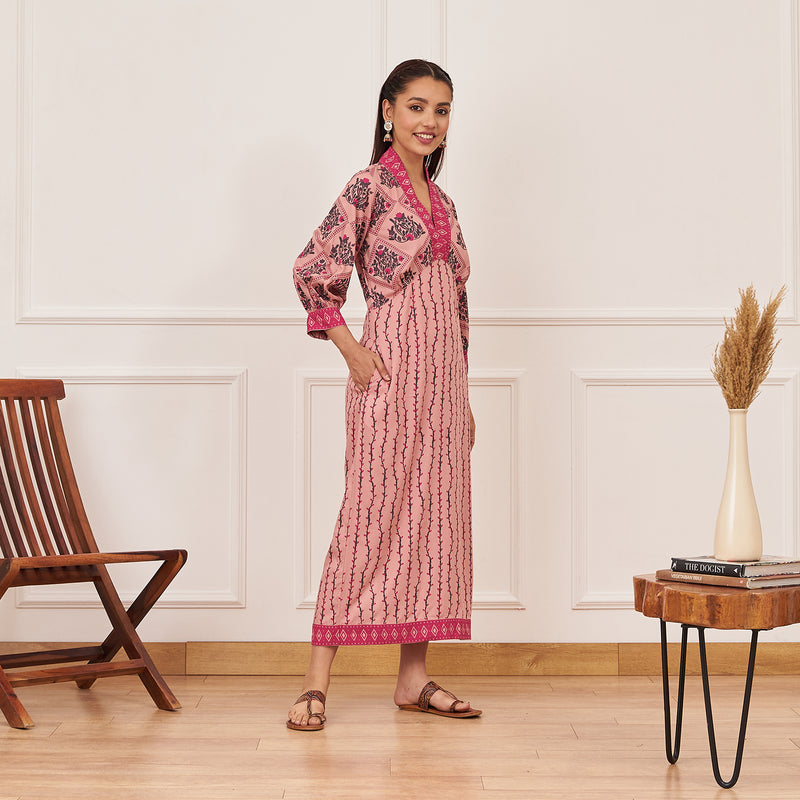 Baby Pink V-Neck Printed Dress