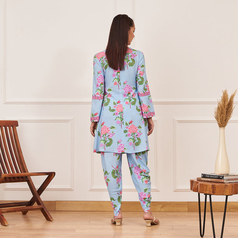 Powder Blue Floral Yoke Kurta with Dhoti Pants