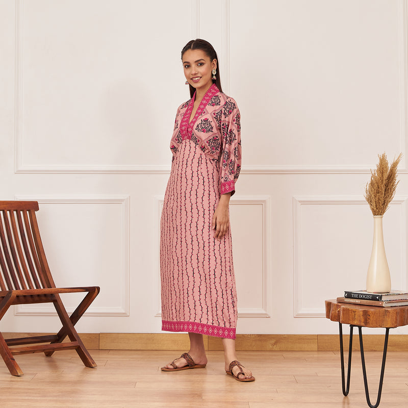 Baby Pink V-Neck Printed Dress