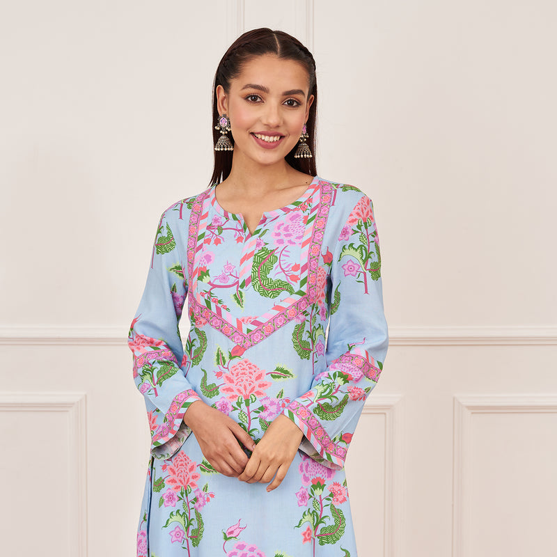 Powder Blue Floral Yoke Kurta with Dhoti Pants