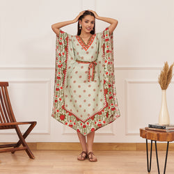 Mint Green Floral Kaftan Dress with Belt