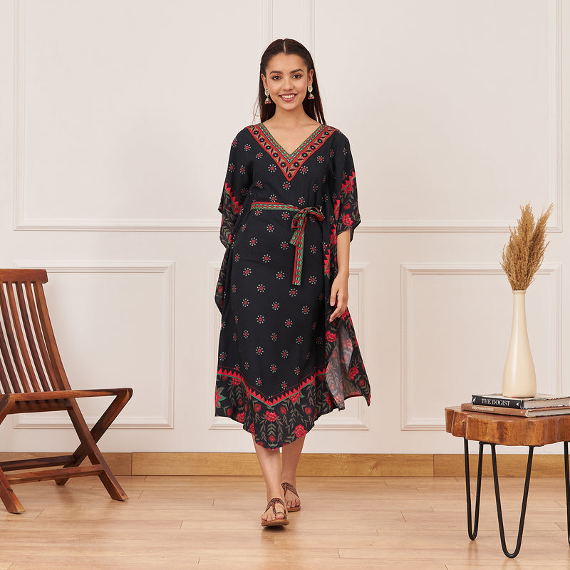 Black Floral Kaftan Dress with Belt