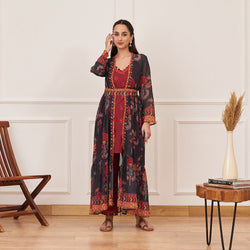 Maroon Printed Tunic and Pant Set with Black Tiered Long Shrug and Belt