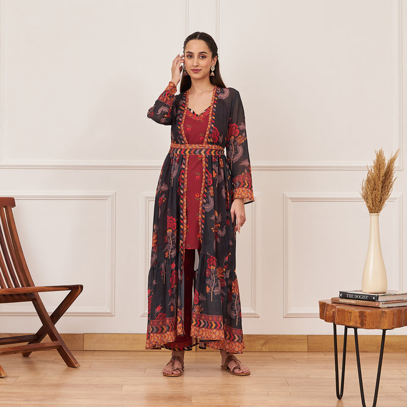 Buy Maroon Printed Tunic and Pant Set with Black Tiered Long Shrug