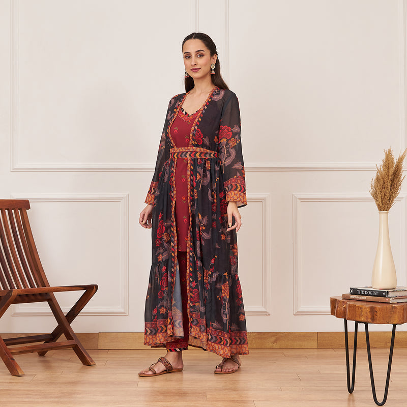 Maroon Printed Tunic and Pant Set with Black Tiered Long Shrug and Belt