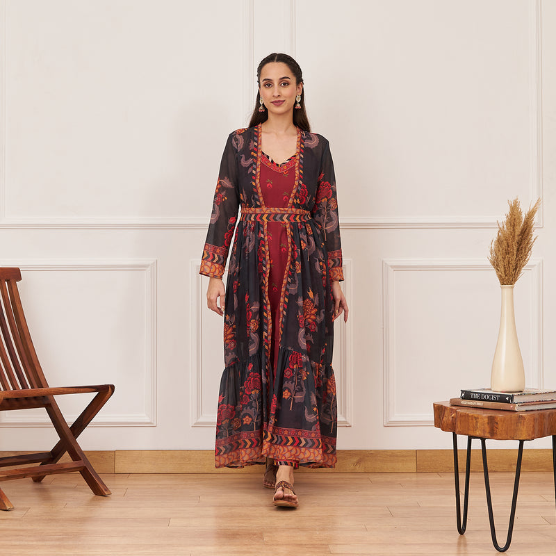 Maroon Printed Tunic and Pant Set with Black Tiered Long Shrug and Belt