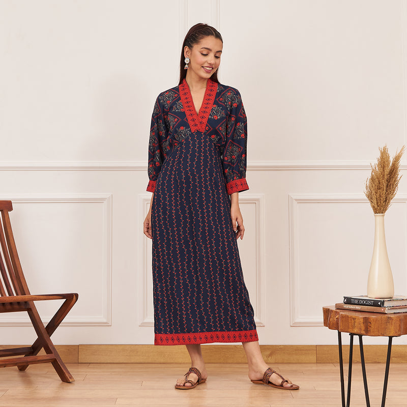 Navy Blue V-Neck Printed Dress