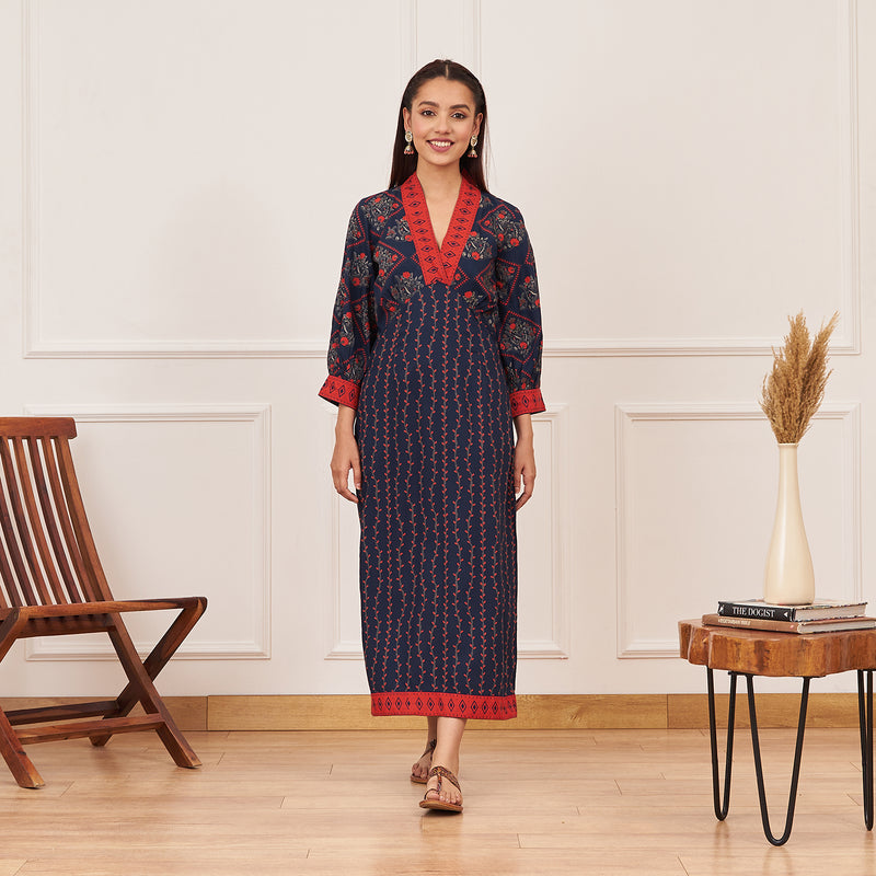 Navy Blue V-Neck Printed Dress