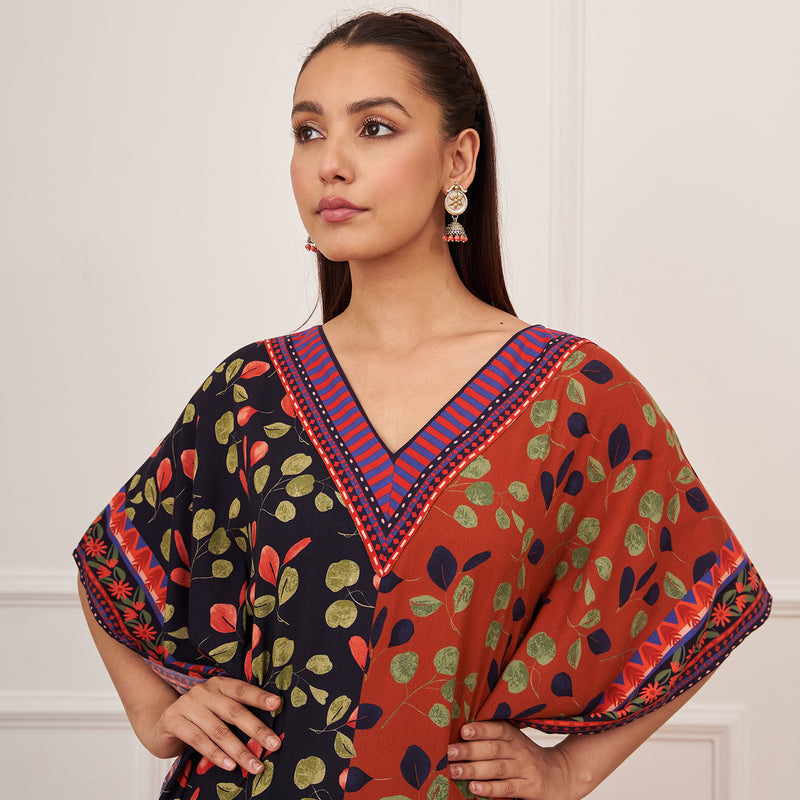 Rust Indigo Half & Half Leaf Print Kaftan