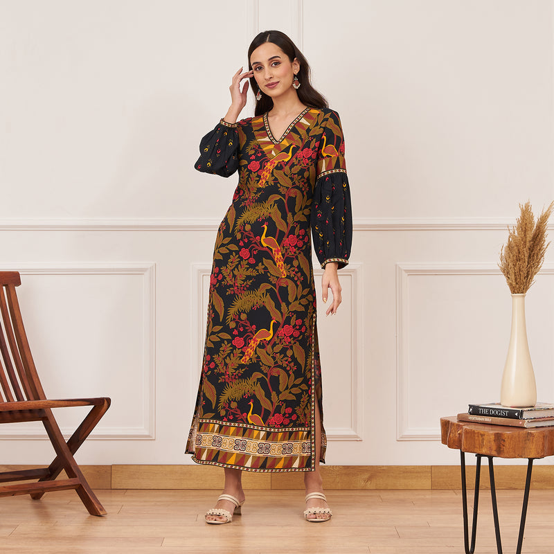 Emerald Green Peacock Printed Side Slit Maxi Dress
