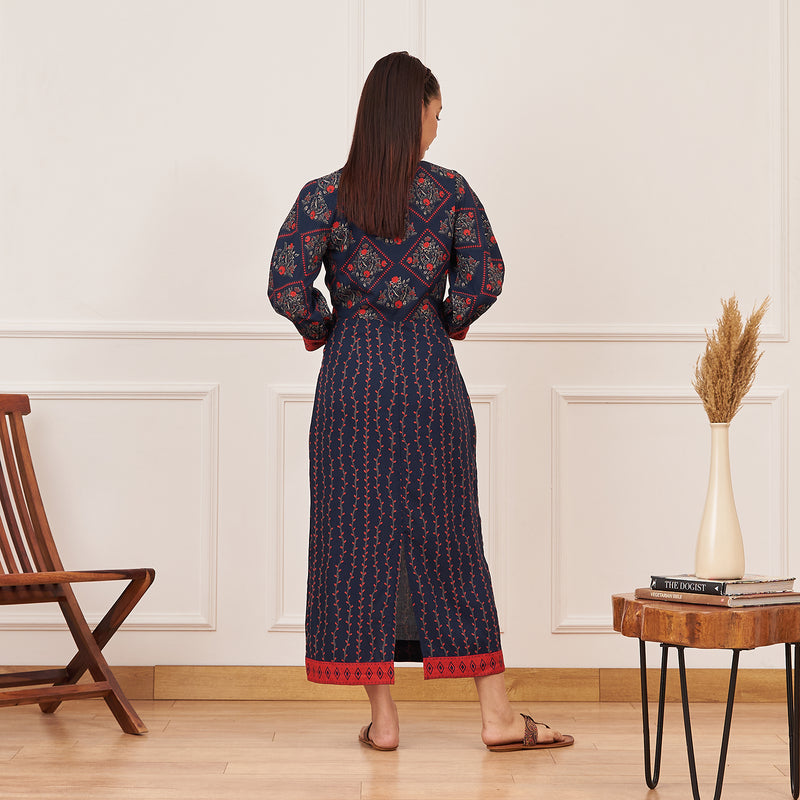 Navy Blue V-Neck Printed Dress