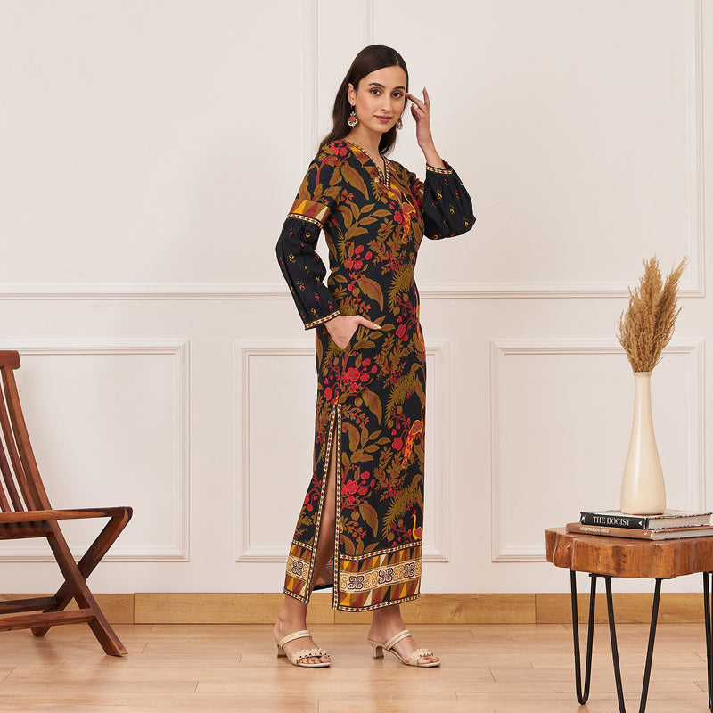 Emerald Green Peacock Printed Side Slit Maxi Dress