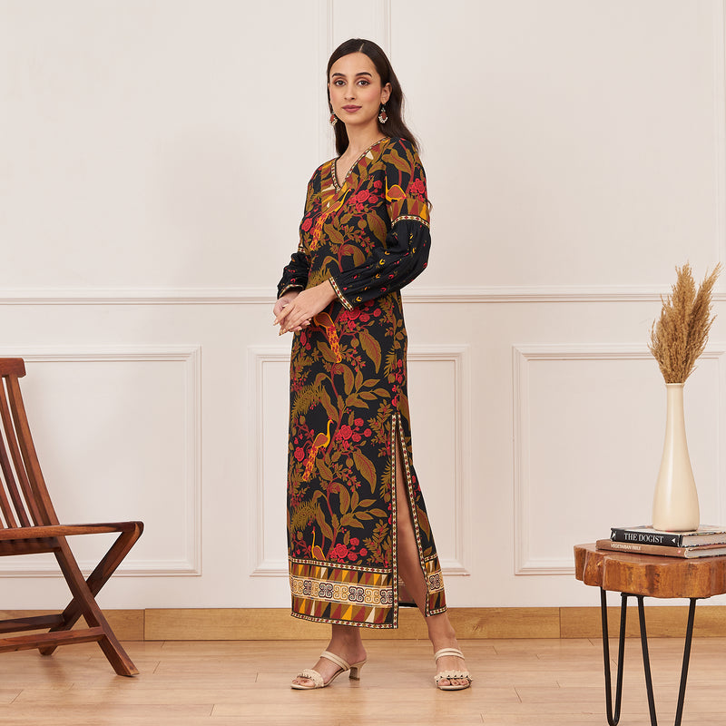 Emerald Green Peacock Printed Side Slit Maxi Dress